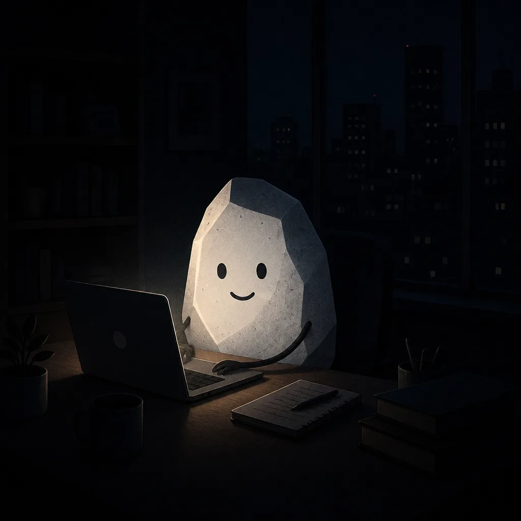 Rocky travaille de nuit devant son laptop